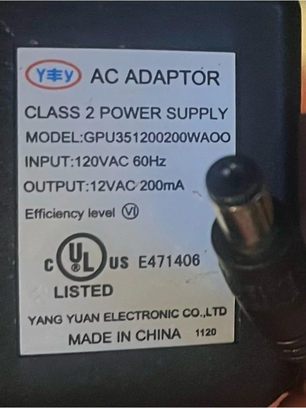 Yang Yuan 12VAC 200mA AC Adapter - Black